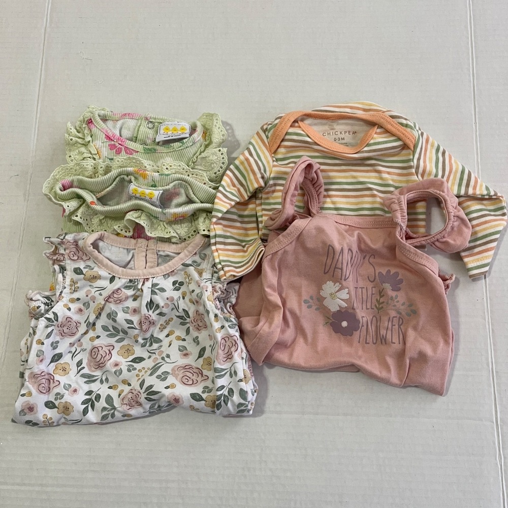 Baby Girl Floral Stripes One Piece Bundle Set 0-3M Spring Summer Lot of 4 Cotton